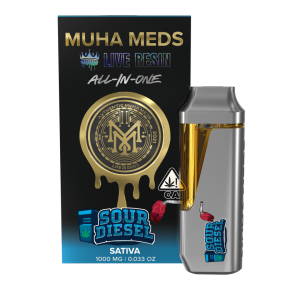 Muha Meds Sour Diesel vape pen with citrus and diesel aroma, 1g sativa live resin all-in-one vape, Australia