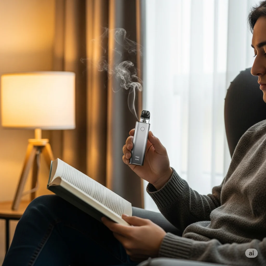 Person vaping THC with visible vapor, illustrating the effects of cannabis on mood and senses in Australia