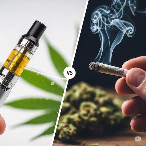 THC vape pen versus cannabis bud — illustrating the vaping vs smoking comparison.