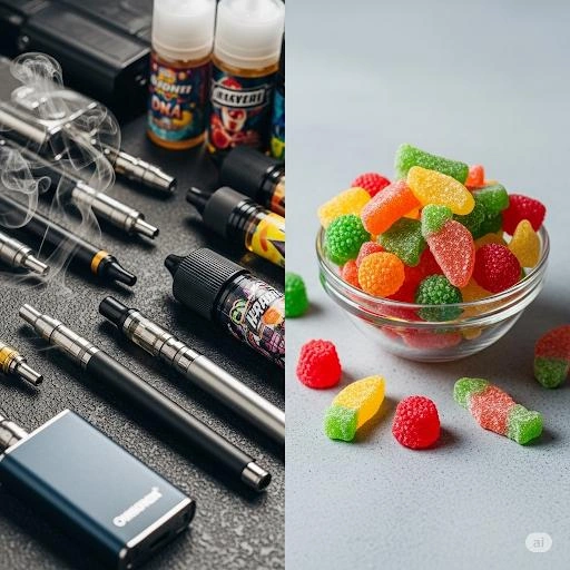 Gummy next to a vape pens—showing the contrast between THC gummies and vaping.