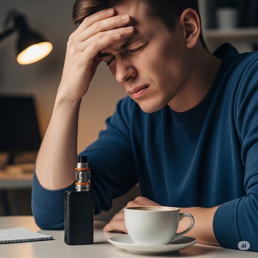 "Man experiencing a headache, holding his head, with a vape pen on the table beside him