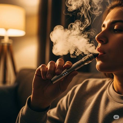 Person exhaling vapour from a THC vape pen, showing how vaping cannabis can produce a stronger high than smoking in Australia.