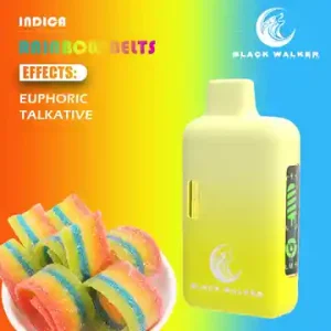 Black walker Rainbow Belts vape available to buy online in Australia, featuring sweet, fruity Indica flavors with relaxing and sociable effects.