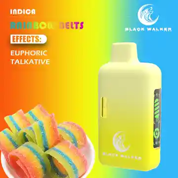 Black walker Rainbow Belts vape available to buy online in Australia, featuring sweet, fruity Indica flavors with relaxing and sociable effects.